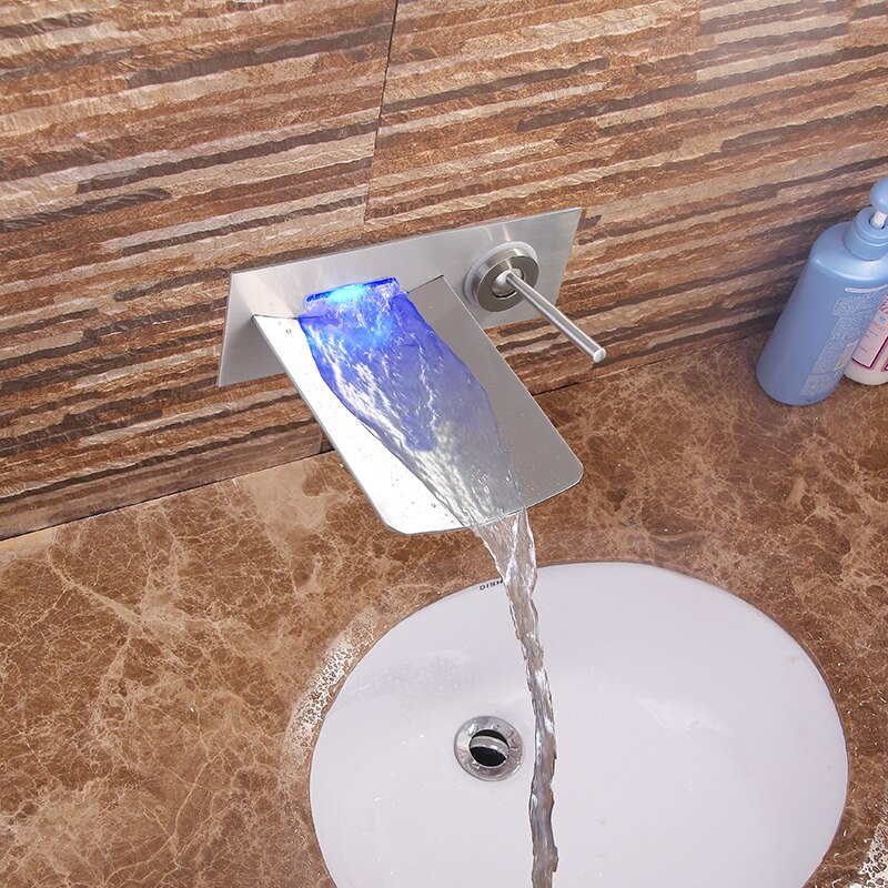 Wall Mounted Glass Waterfall Faucet with Mixer and 3 Colored LED ...