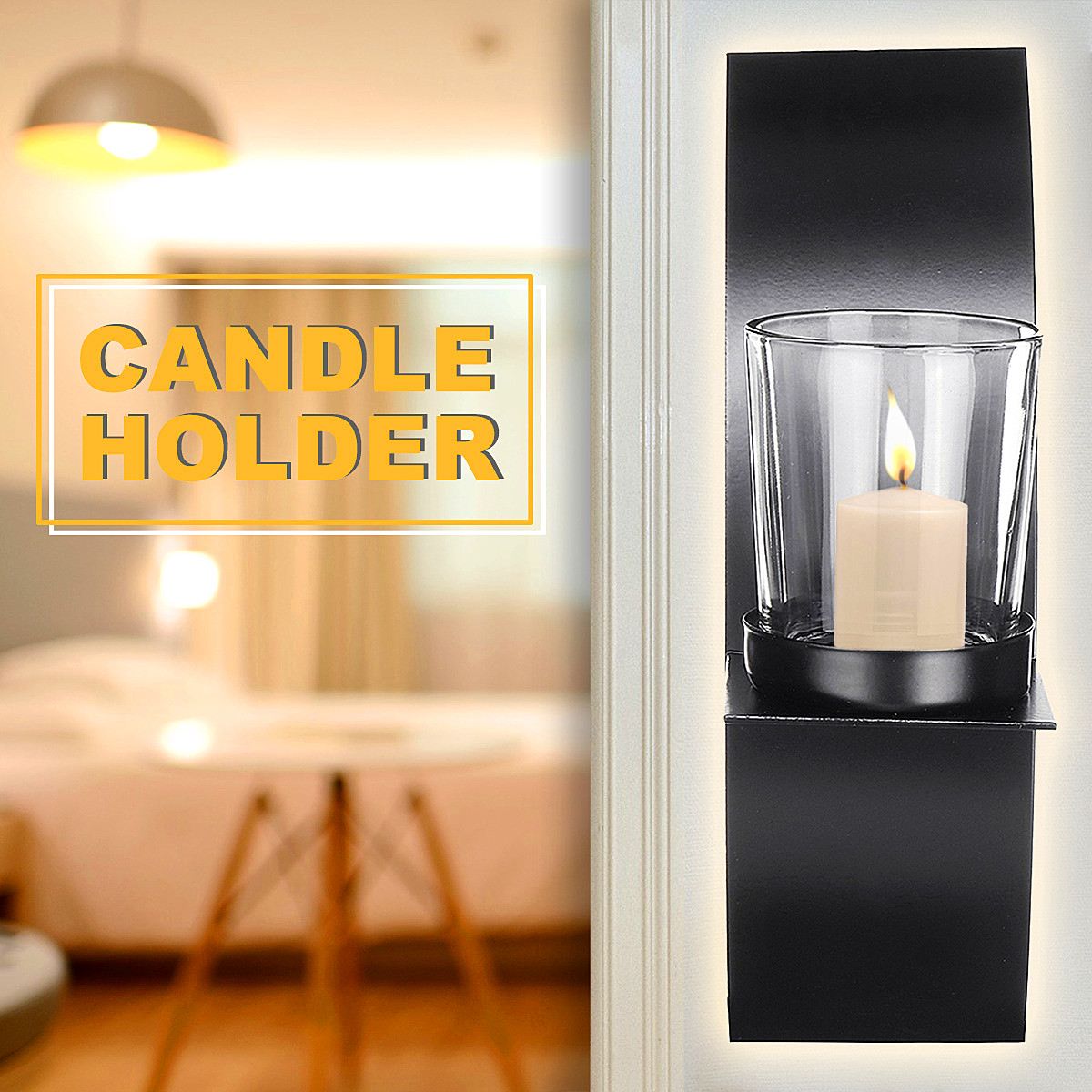 Black Modern Wall Hanging Candle Holder with Clear Glass - Decoratormall