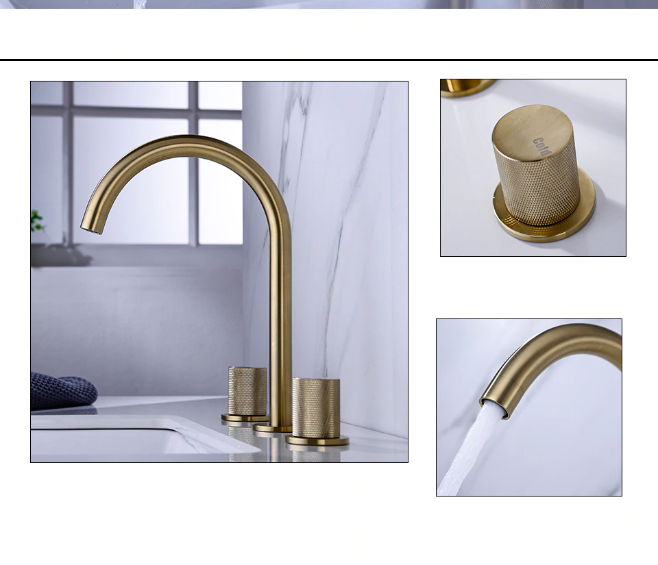 Luxurious Brushed Gold Deck Mounted Three Hole Basin Mixer Decoratormall